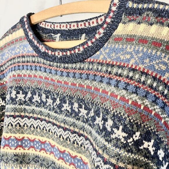 VTG Eddie Bauer 90s Fair Isle Cotton Sweater Pullover Crew Neck‎ Nordic Large - Picture 2 of 6